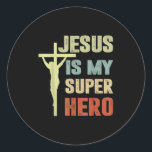 Toddler Jesus Is My Superhero Christian God Son Br Classic Round Sticker<br><div class="desc">Toddler Jesus Is My Superhero Christian God Son Brother Kids _3</div>