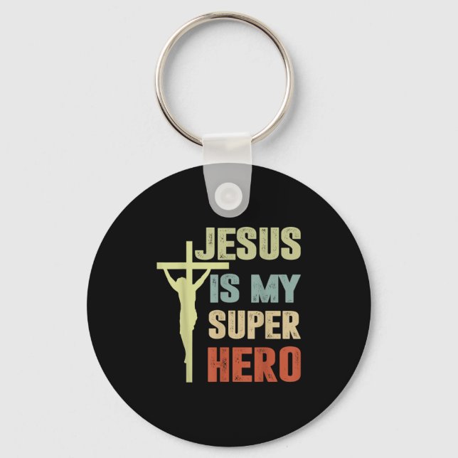 Toddler Jesus Is My Superhero Christian God Son Br Key Ring (Front)