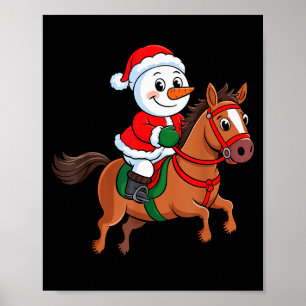 Toddler Kids Snowman Santa Hat Riding Horse Christ Poster