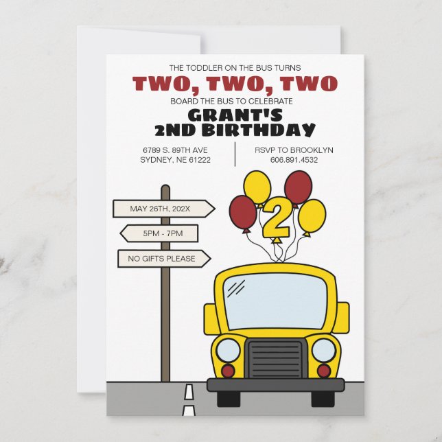 Toddler on the Bus Turns Two Kid's 2nd Birthday Invitation (Front)