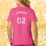 Toddler Teen Girl Name Jersey Number Pink Sports T-Shirt<br><div class="desc">Create your own custom, personalised, cool, unisex sizing, modern, stylish white typography / font / script, monogrammed player name jersey number pink, pre-shrunk 100% ComfortSoft® soft cotton t-shirt tee shirt. Simply type in your name / kids name / player name and player jersey number, to customise. Makes a great gift...</div>
