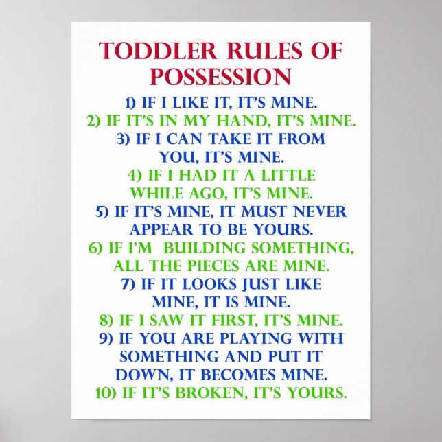Toddler's Rules Of Possession Funny Poster Sign (Front)