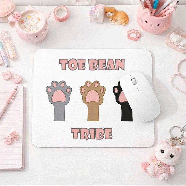 Toe Bean Tribe Cute Kitty Cat Paws Pink Mouse Pad (A mouse pad with three cat paws and the words toe bean tribe in pink and gray letters.)