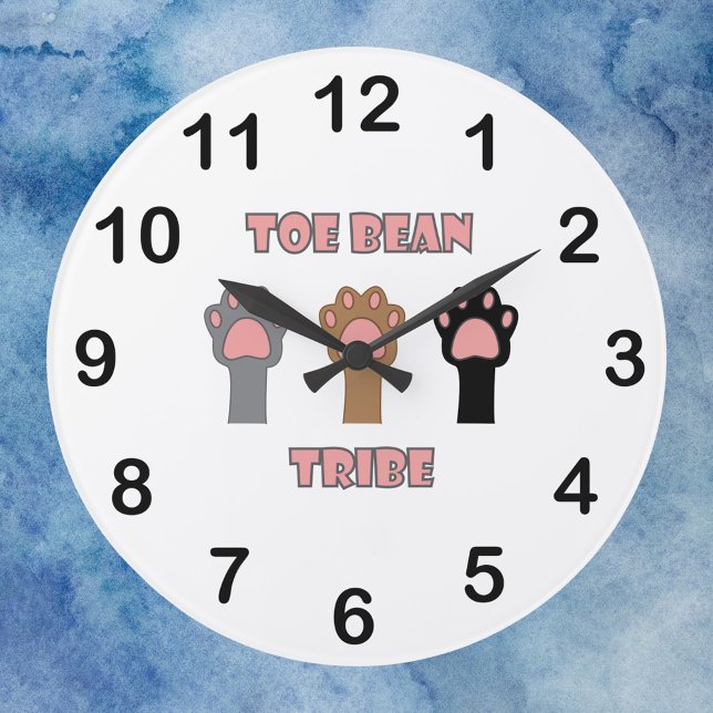 Toe Bean Tribe Grey Black Brown Cat Paws Large Clock (A clock with three cat paws and the words toe bean tribe in pink letters & black numbers.)
