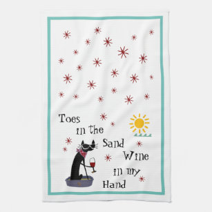Toes in the Sand Wine in My Hand Funny Beach Cat K Tea Towel