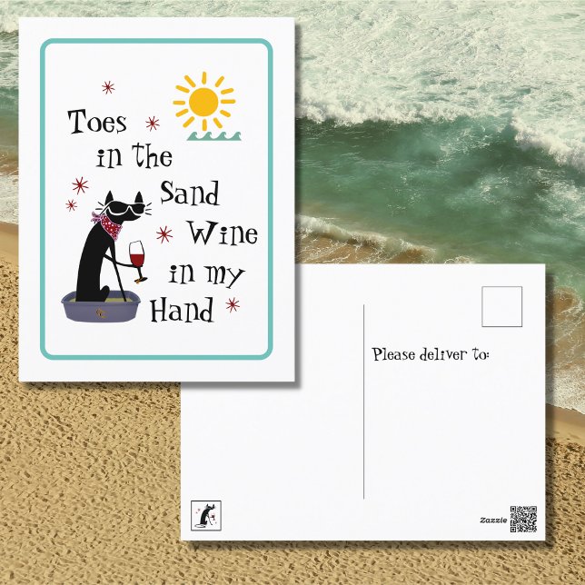 Toes in the Sand Wine in My Hand Funny Beach Cat Postcard (Creator Uploaded)