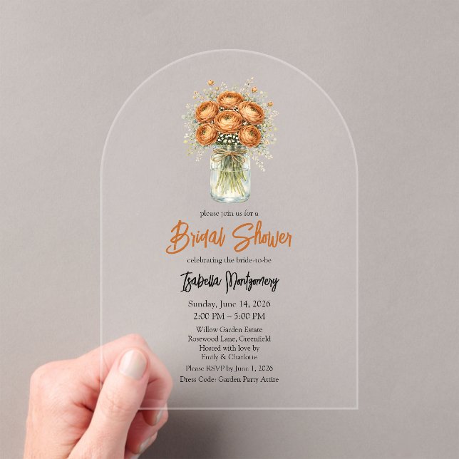 Toffee Palette Ranunculus Mason Jar Bridal Shower Acrylic Invitations (Insitu (Handheld))