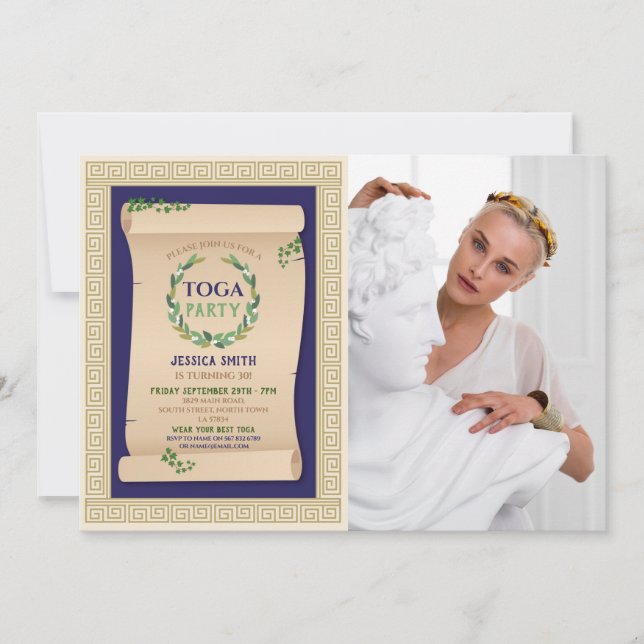 Toga Party Ancient Roman Birthday Ivy Scroll Photo Invitation (Front)