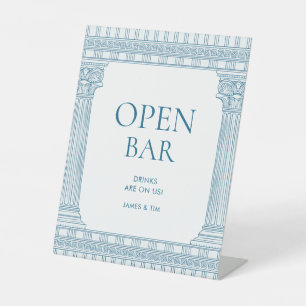 Toga party open bar drink station with blue temple pedestal sign