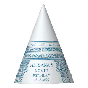 Toga party with blue meander pattern and columns hat