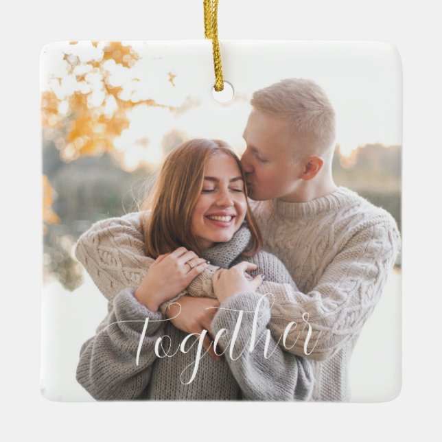 Together 2-sided Custom Photo Rustic Holly Pine  Ceramic Ornament (Front)
