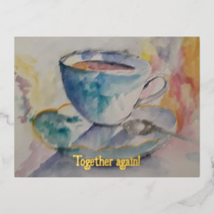 Together again Watercolor  coffee mug with saucer  Foil Holiday Postcard