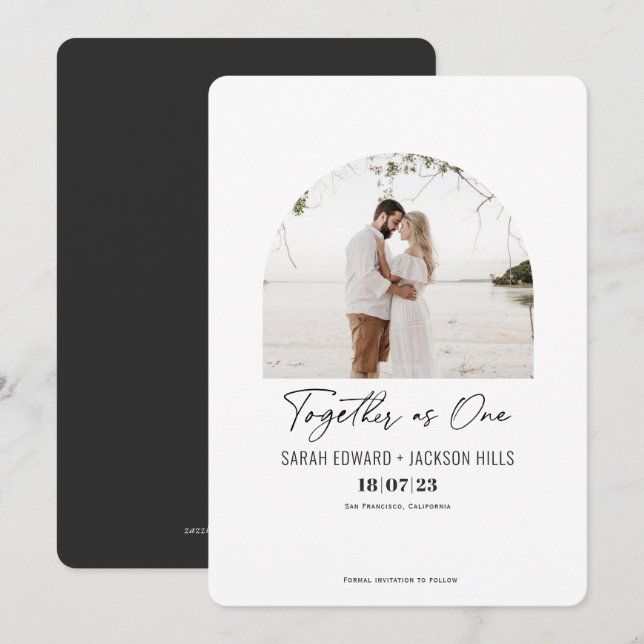 Together as one, Simple elegant modern arch photo Save The Date (Front/Back)