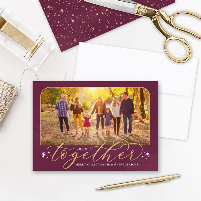 Together Berry Wine and Gold Family Photo Holiday Card (Creator Uploaded)