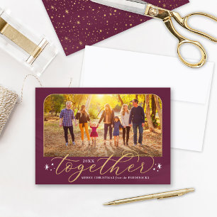 Together in 2021 Berry Wine and Gold Family Photo Holiday Card