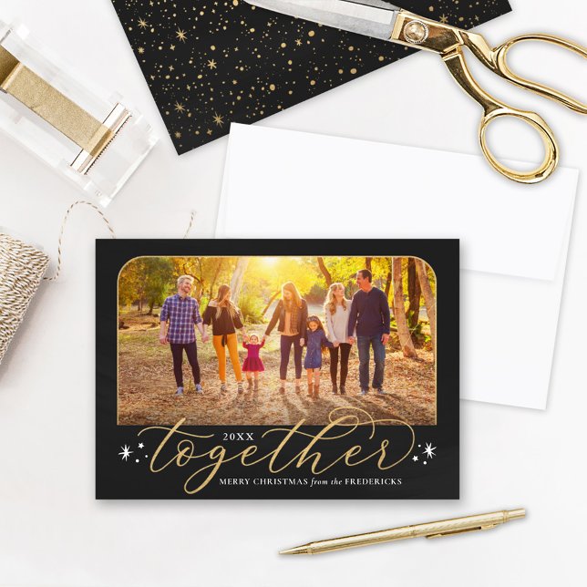 Together in 2025 Black and Gold Family Photo Holiday Card (Creator Uploaded)