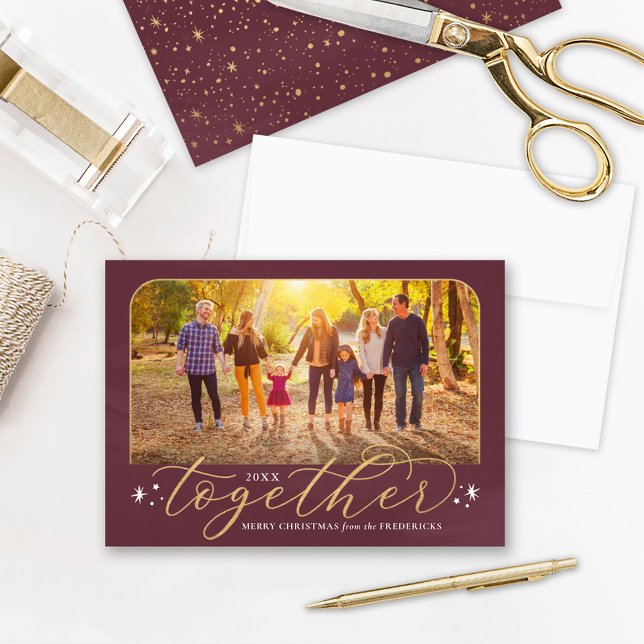 Together in 2025 Burgundy and Gold Family Photo Holiday Card (Creator Uploaded)