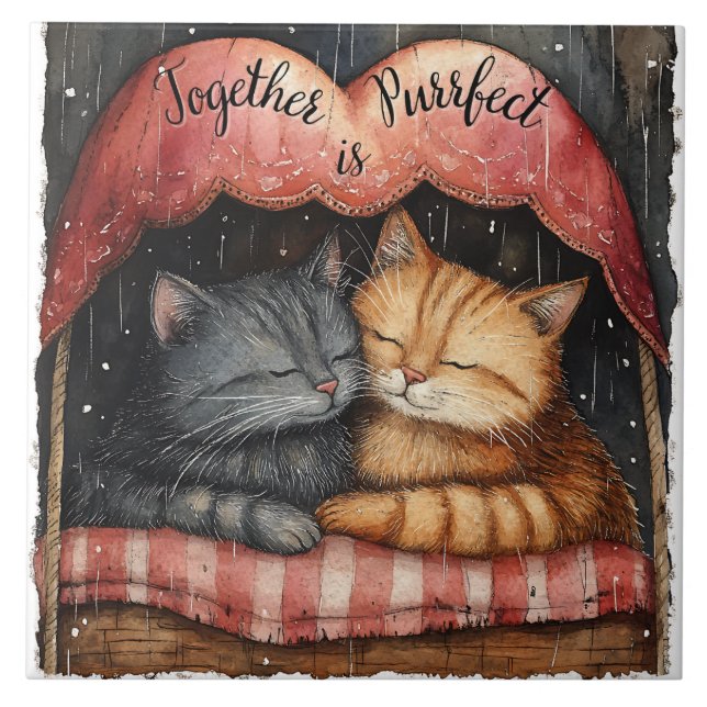 Together is Purrfect Kitty Cat Illustrated Artwork Ceramic Tile (Front)
