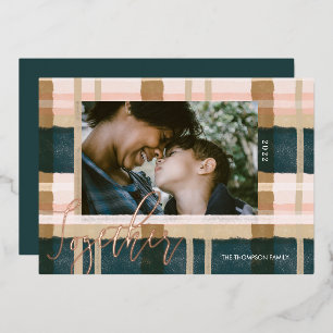 Together Modern Green Pink Watercolor Plaid Photo Foil Holiday Card