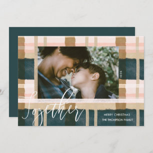 Together Modern Green Pink Watercolor Plaid Photo Holiday Card