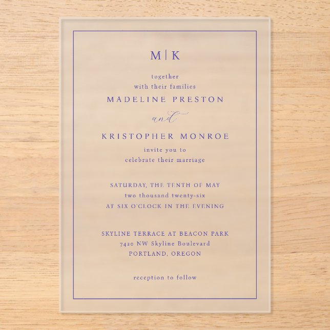 Together Navy Blue Serif Elegancy Acrylic Invitations (Front)