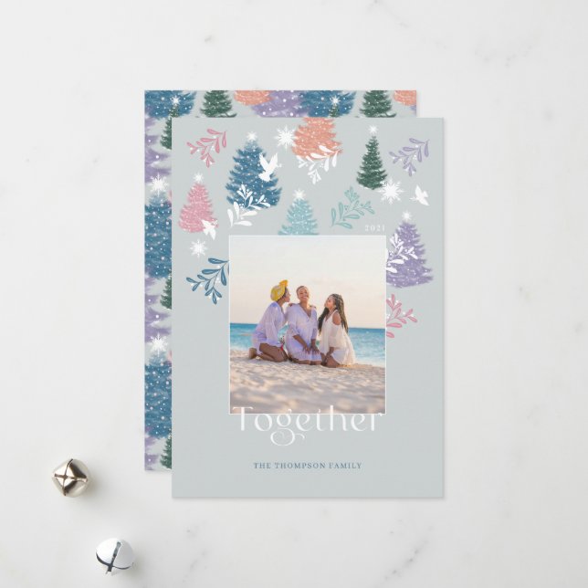 Together Pastel Christmas Tree Forest Family Photo Holiday Card (Front/Back In Situ)