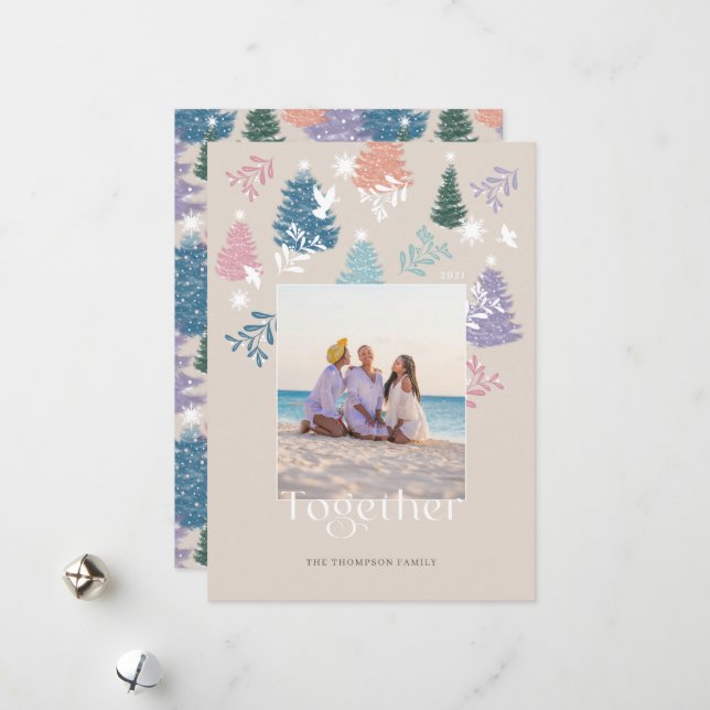 Together Pastel Christmas Tree Forest Family Photo Holiday Card (Front/Back In Situ)