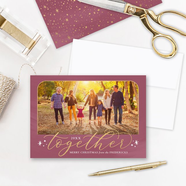 Together Rose Wine and Gold Family Photo Holiday Card (Creator Uploaded)