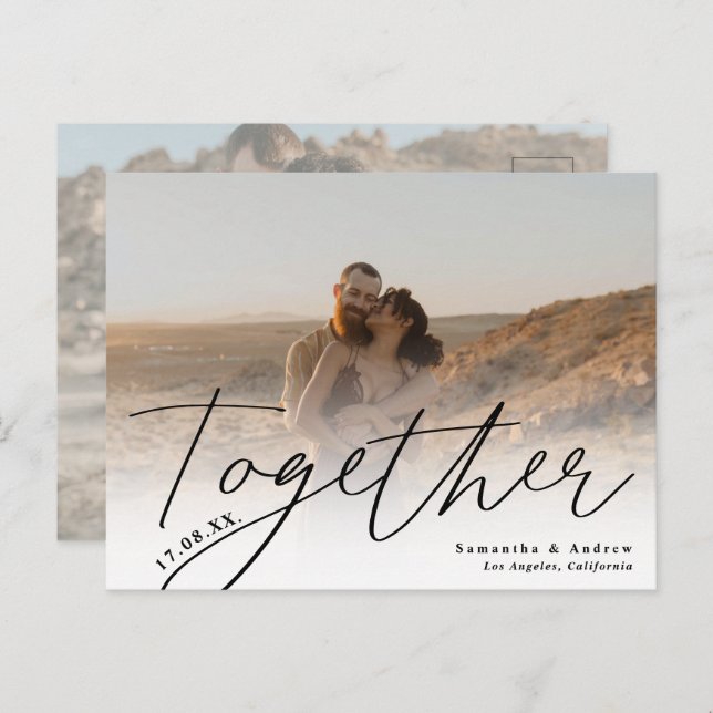 Together script modern 2 photos save the date postcard (Front/Back)