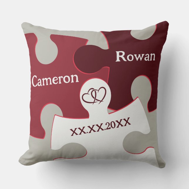 Together Since Date Red & White Jigsaw Pieces Cushion (Front)