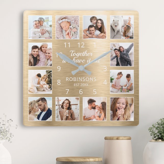 Together We Have It All Quote Family Photo Gold Square Wall Clock (Creator Uploaded)