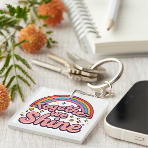 Together We Shine – Rainbow Retro Pride Quote Key Ring