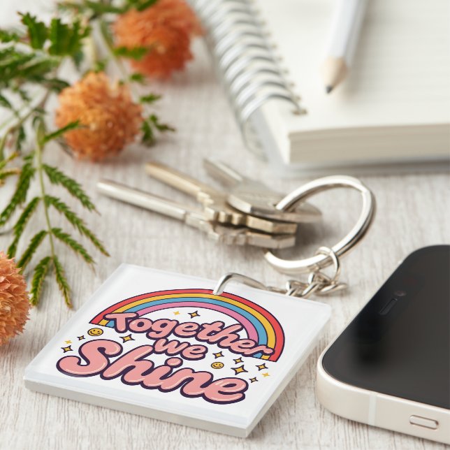 Together We Shine – Rainbow Retro Pride Quote Key Ring (Front Right)
