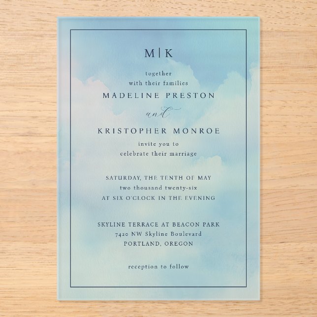 Together with their families Sky Blue Clouds Acrylic Invitations (Front)