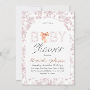 Toile Arch Blush Pink Bow Floral Baby Shower Invitation