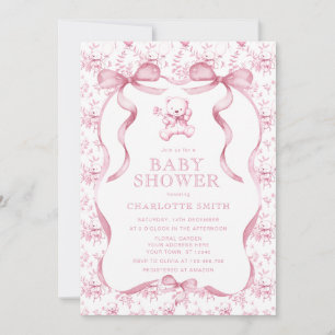 Toile Bear Pink Girl Baby Shower  Invitation
