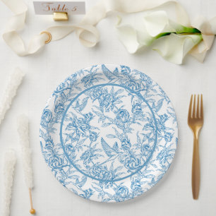 Toile bird and floral Light Blue Baby Shower I Do Paper Plate