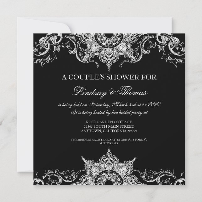 Toile Black n White Damask Swirl Couples Shower Invitation (Front)