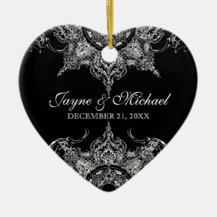 Toile Black n White Damask Swirl First Christmas Ceramic Tree Decoration