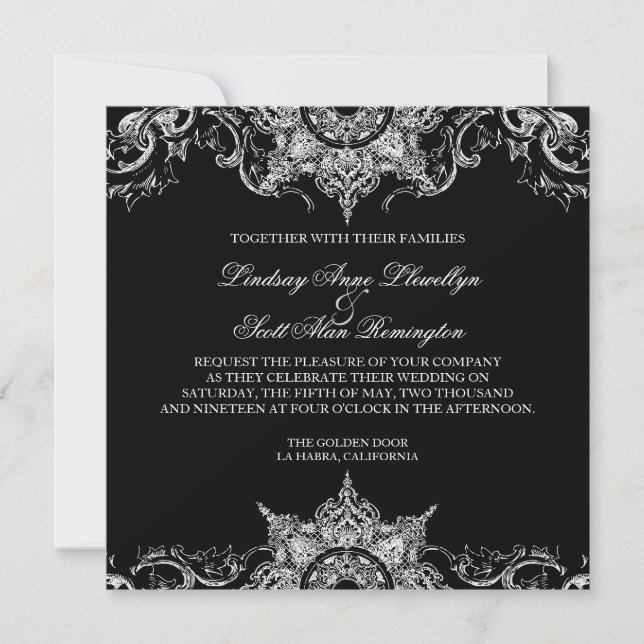 Toile Black n White Damask Swirl Wedding Invite (Front)