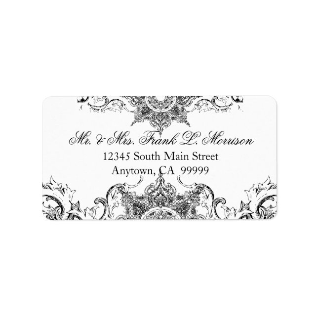 Toile Black n White Damask Swirl Wedding Labels (Front)