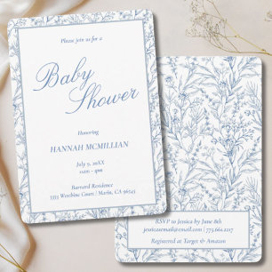 Toile Blue Botanical Line Drawn Baby Shower Invitation