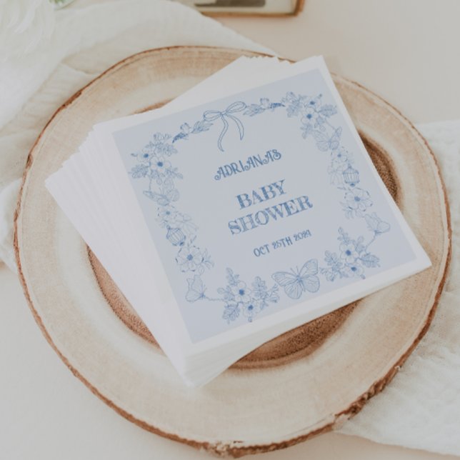 Toile Botanical French Boy Dusty Blue Baby Shower  Napkin (Creator Uploaded)