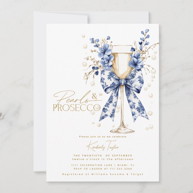Toile Bow Floral Pearls & Prosecco Bridal Shower Invitation (Front)