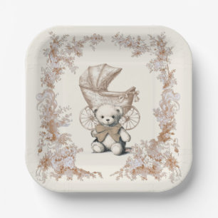 Toile Brown Teddy Bear Carriage Baby Shower Paper Plate