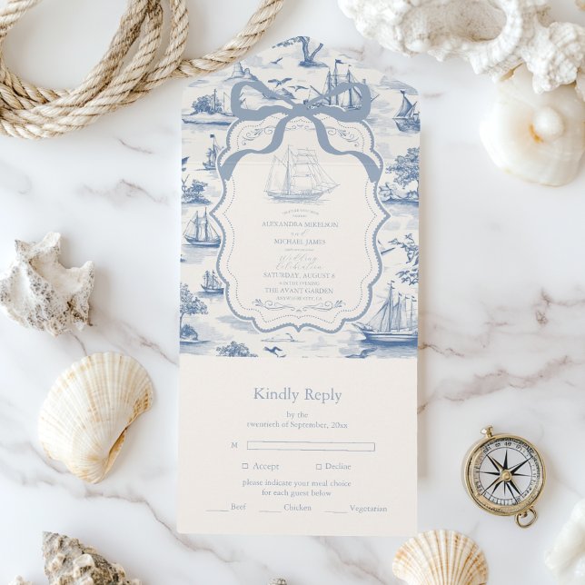 Toile Chic Nautical  Bow Wedding All In One Invitation (Creator Uploaded)