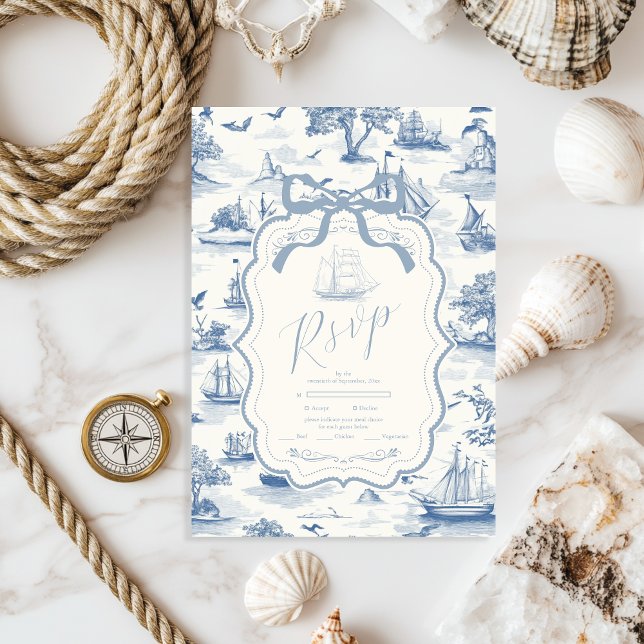 Toile Chic Nautical  Bow Wedding RSVP Card (Creator Uploaded)