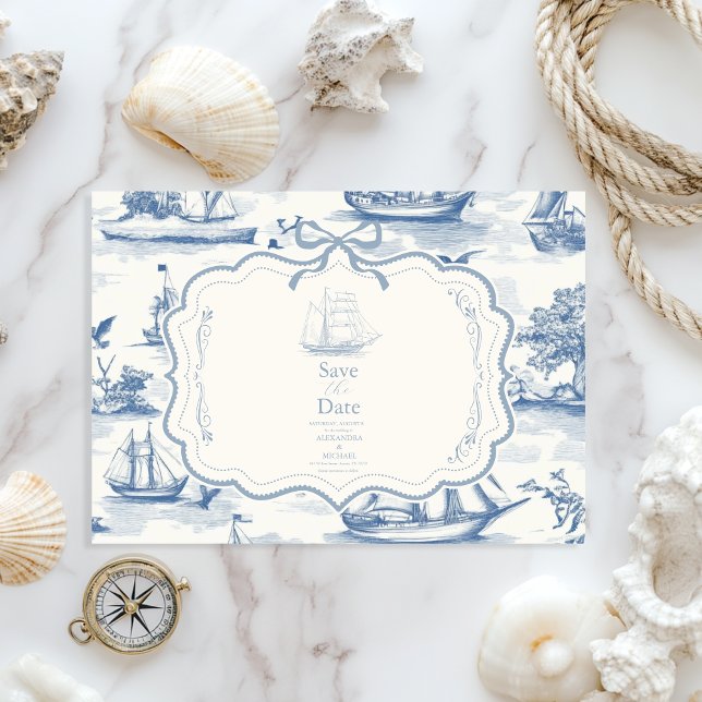 Toile Chic Nautical  Bow Wedding Save The Date (Creator Uploaded)