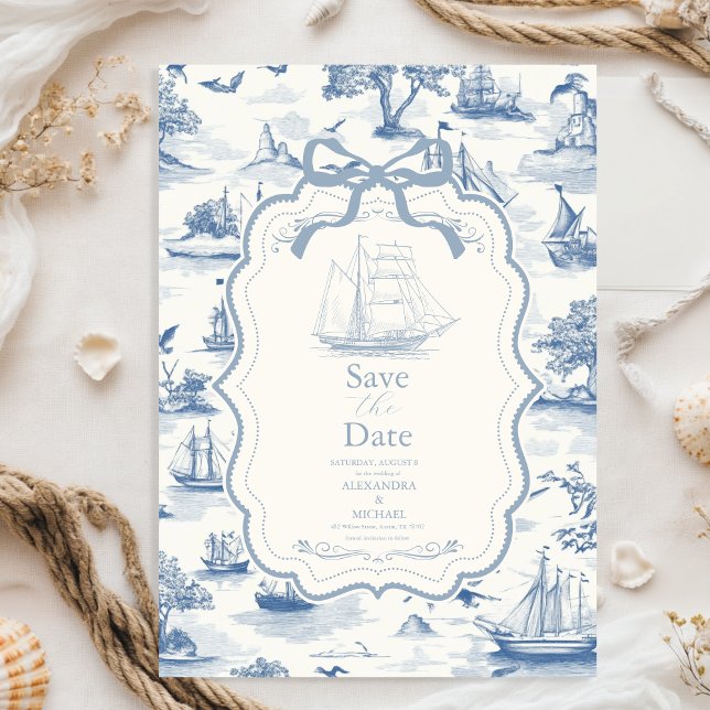 Toile Chic Nautical  Bow Wedding Save The Date (Creator Uploaded)