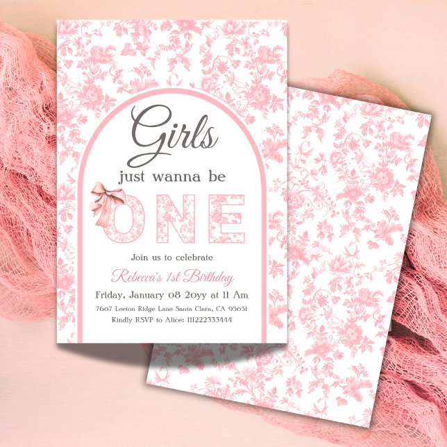 Toile Coquette Pink Bow Girl First 1st Birthday Invitation (Creator Uploaded)